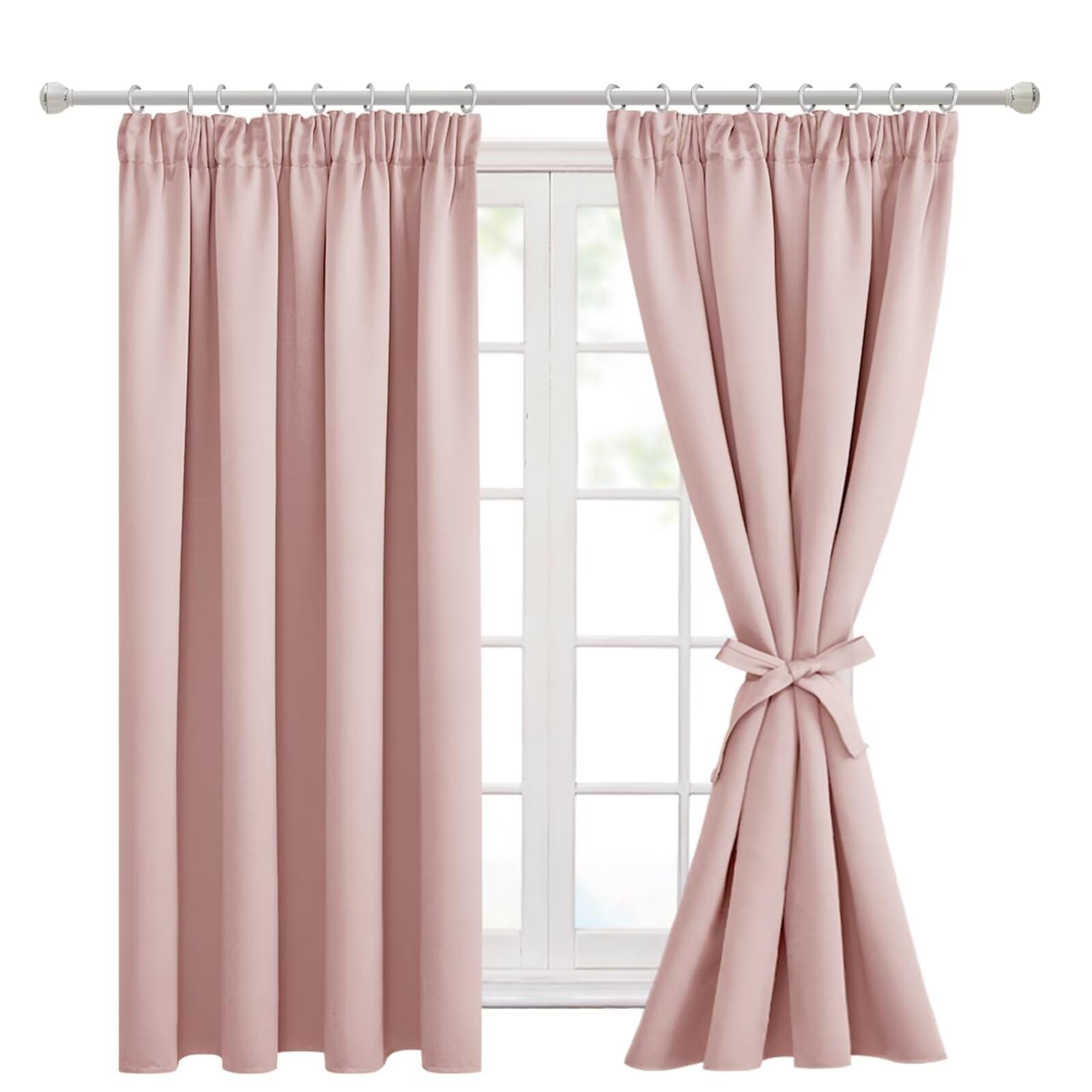 Hiasan Pencil Pleat Blackout Thermal Insulated Curtains, Bedroom and Living Room with Tiebacks, Energy Saving and Noise Reducing, 2 Panels, 66 x 54 Inch, Blush Pink
