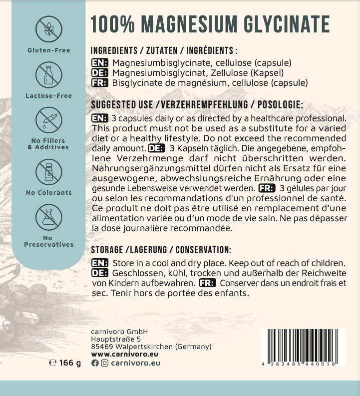 Carnivoro Magnesium Bisglycinat [180 Kapseln - 300mg] Magnesiumglycinat - Reines Magnesiumbisglycinat - elementares Magnesium pro Tagesdosis - Laborgeprüft, hochdosiert 9