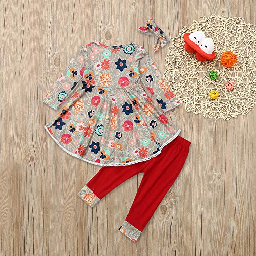 NUWFOR Toddler Baby Girls Floral Print Drees Pants Headband Outfits Clothing Setï¼ˆRed,2-3 Years