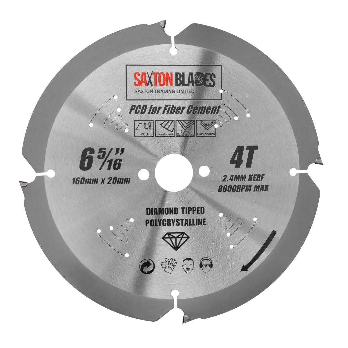 Saxton PCD Circular Saw Blade, 160mm x 4 Teeth x 20mm Bore, Polycrystalline Diamond Tipped Fibre Cement Board, Hard Materials