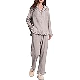 Rousytn Womens Cotton Pajama Sets Long Sleeve Button Down Striped 2 Piece Pjs Ruffle Sleepwear with Long Pants Lounge Set