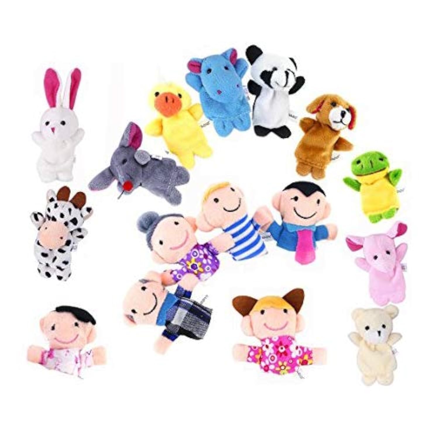 OFKPO 16 pc Soft Velvet Finger Puppet Set: 10 Animal & 6 Family Member Puppets for Kids