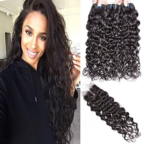 Iwish 3 Bundles Brazilian Hair Water Wave Real Human Hair Bundles Deals Brazilian Virgin Hair Wet and Wavy Weave Extensions (16 18 20+14CL, natural black)