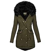 Womens Winter Coats with Fur Hood Fleece Thick Jackets Casual Slim Outerwear Solid Color Warm Tops with Pocket