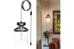 DSMJFU DSMJFU Black Plug in Pendant Light, Swag Lights with 16.4ft Plug in Cord, Plug in Hanging Light with Clear Glass for Living Room, Farmhouse Swag Lamp for Bedroom Kitchen Dining Room, Adjustable Height