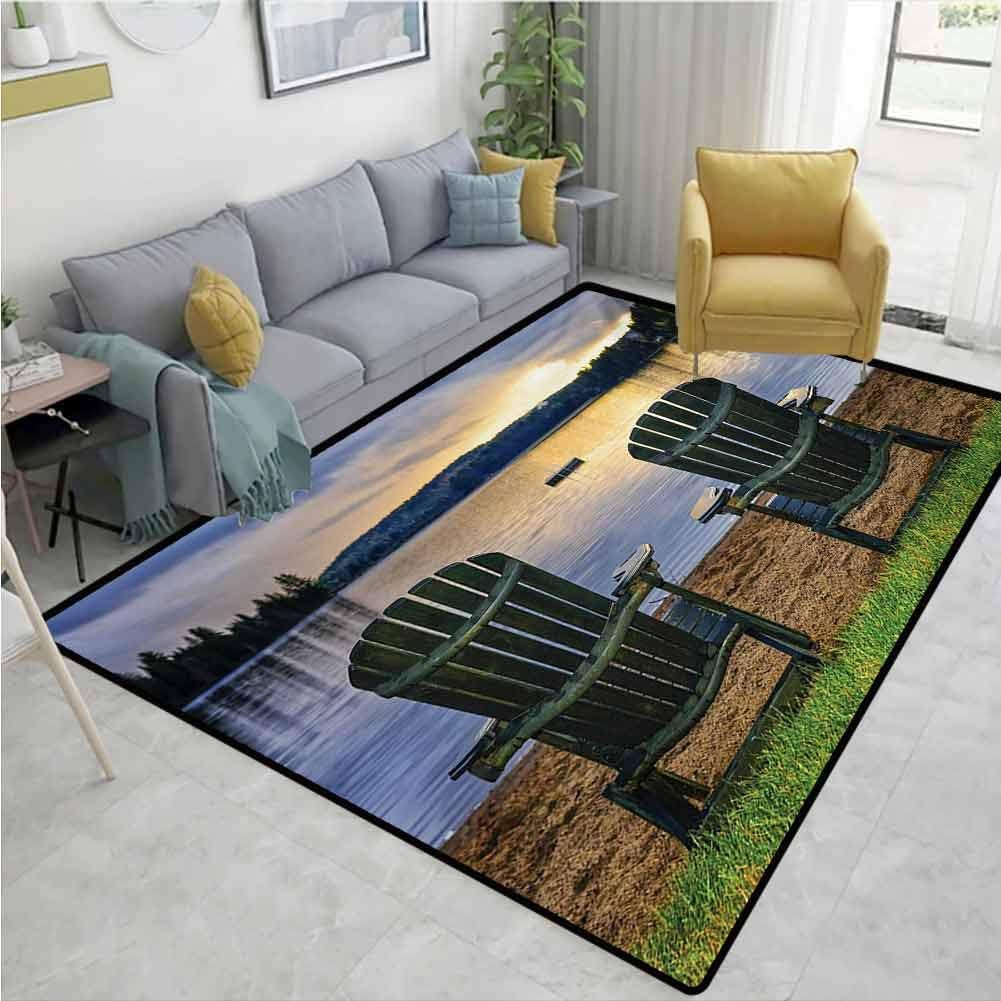 Seaside Area Floor Rugs Two Wooden Chairs on Relaxing Lakeside at Sunset Algonquin Provincial Park Canada Quick and Easy to Clean W67 x L78 Navy Green