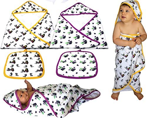 ChaBabee Large 4- Piece Baby Infants to Toddlers and Beyond Muslin 100% Cotton Hooded Bath Towels + Washcloths Set for Girls - Gray –Purple Pink Floral Butterfly | Gray Girl Cats