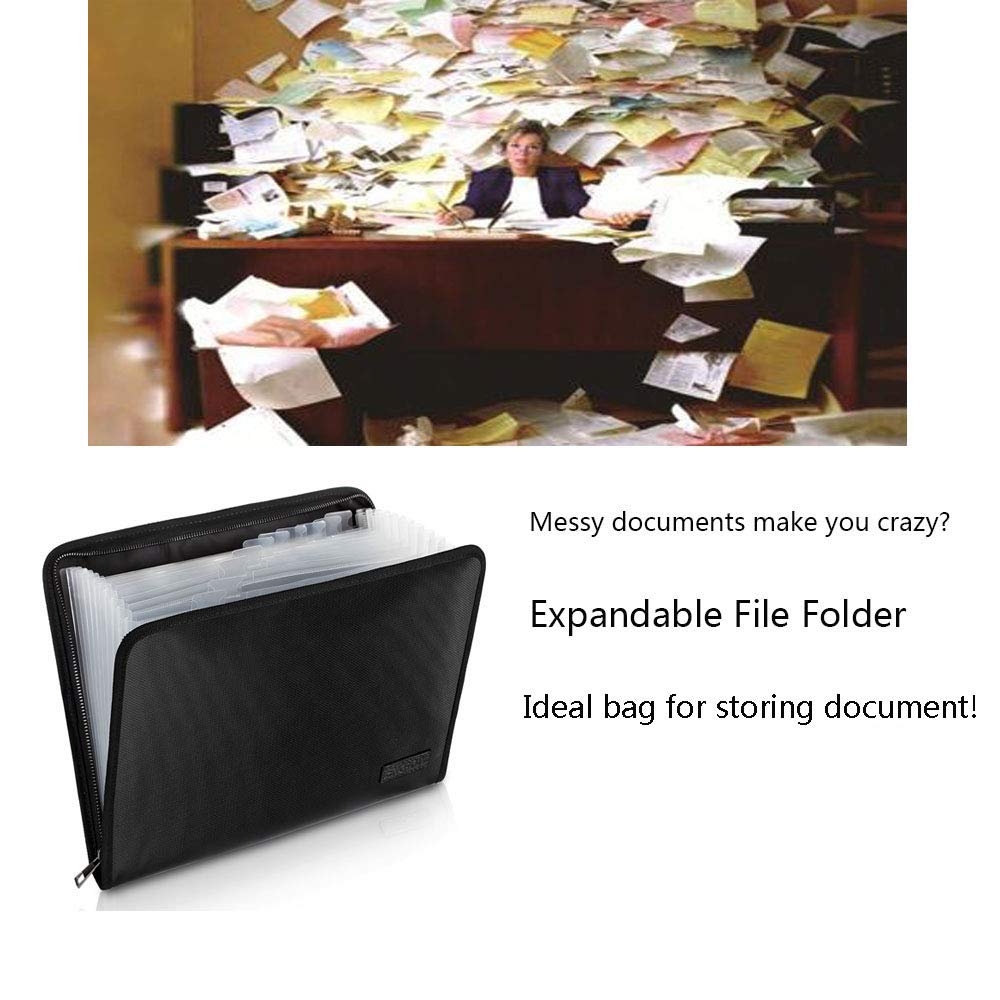 Expanding File Folder A4 Size Moistureproof Document Folder Certificate Fireproof Portable Hand-Held Accordion Document Organizer File Contract Photos Folder Bag 13 Pockets with Fire Resistant Zipper
