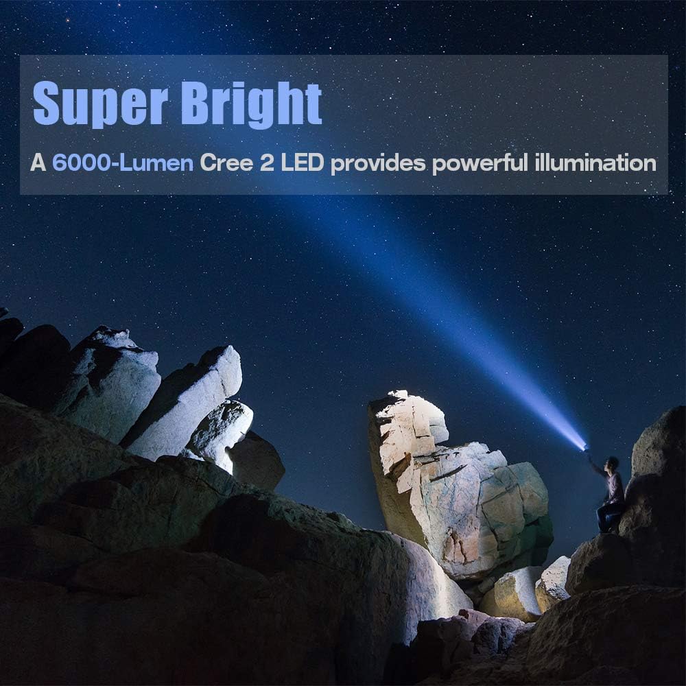 YIERBLUE Rechargeable spotlight, Super Bright 6000 Lumen LED Flashlight Handheld spotlight 10000mAh Long Lasting Large Flashlight Searchlight and Flood Camping Flashlight with Foldable Tripod (Silver) - - 