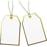 ASYEHJNR 100Pcs Gold Gift Tags with String Attached Foil Gold Frame Large White Paper Gift Tags Presents with 65 Ft Jute Twine for Christmas Holiday Baby Shower Wedding Birthday Gift Wrap Tags