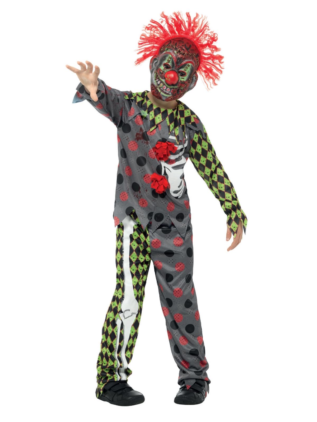 Smiffys Deluxe Twisted Clown Costume, Multi-Coloured with Top, Trousers & EVA Mask with Hair, Halloween Child Fancy Dress, Clown Dress Up Costumes
