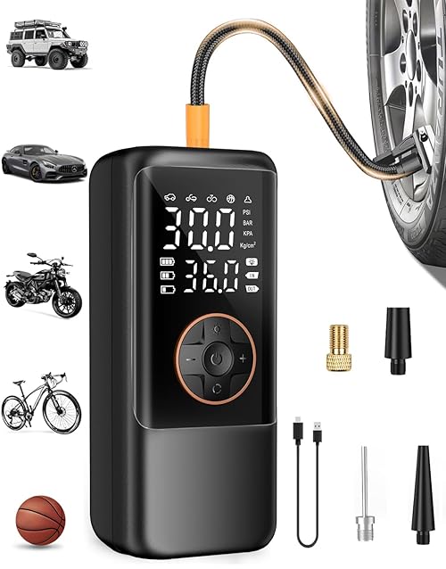 MAKELIFT Tire Inflator Portable Air Compressor, 150PSI Air Compressor for Car Tires, Cordless Bike Pump with Pressure Gauge & LED Light, Tire Pump for Cars, Motorcycles, Bikes, Balls