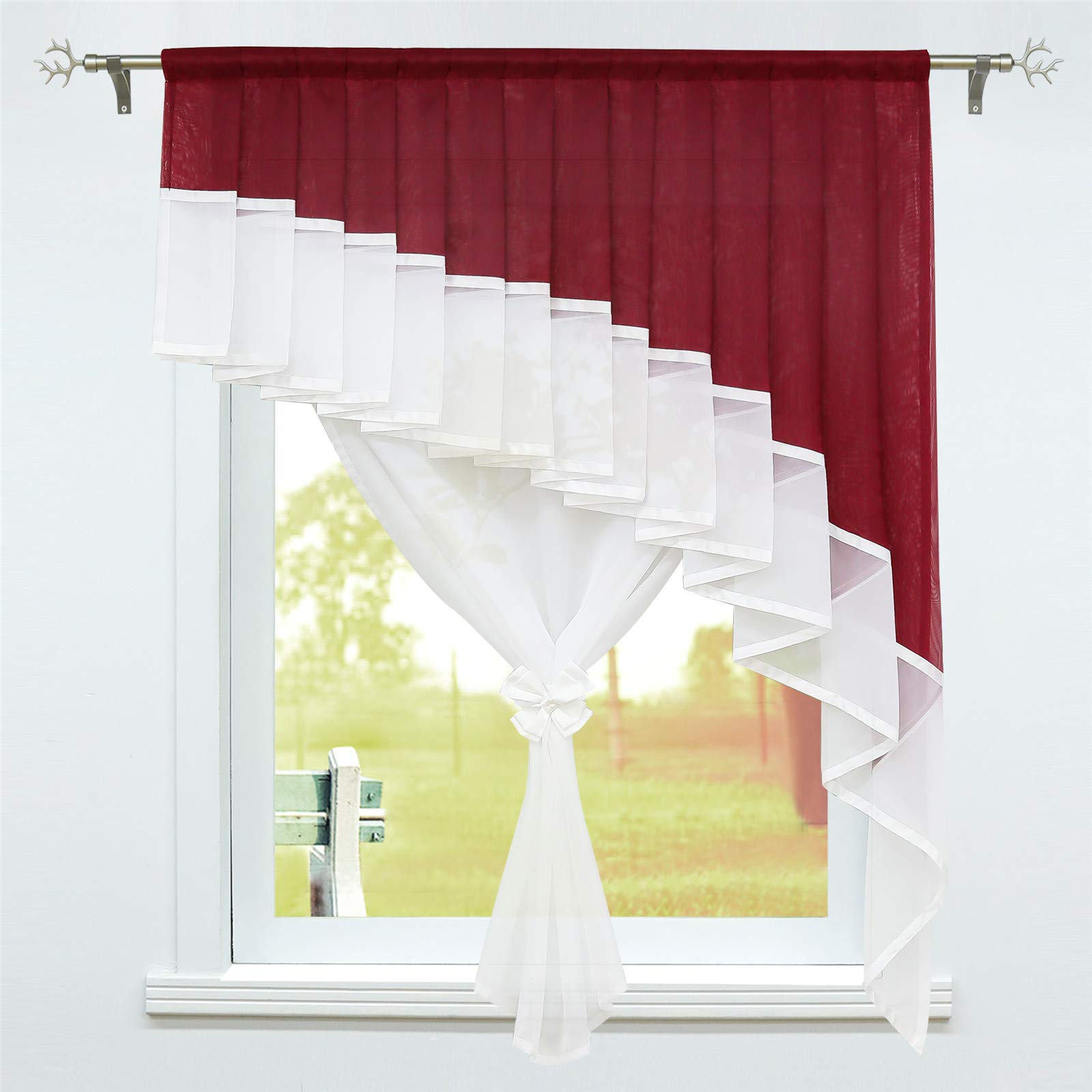SCHOAL Window Curtain Country House Bistro Curtain with Drawstring Voile Curtains Transparent Curtains Living Room W x H 80 x 140 cm 1 Piece Wine Red