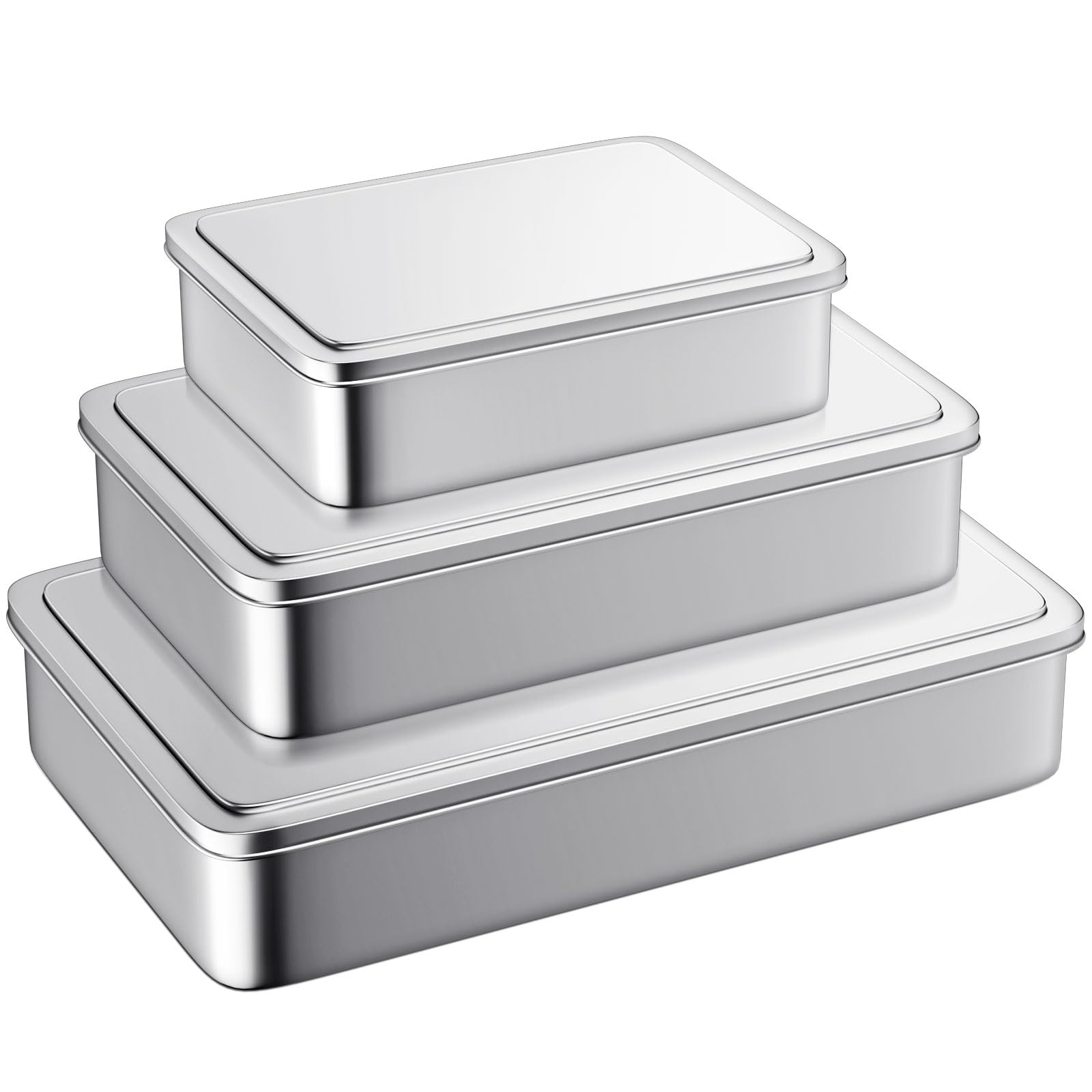 Photo 1 of Stainless Steel Cake Pan with Lid, Set of 3 Large Baking Pan, 17/13/11 Inch Baking Sheet Lasagna Pan, Cake Pans with Cover, Rectangle Sheet Roasting Pan, Dishwasher Safe