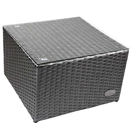 RS Trade 'Toscana' Polyrattan Beistelltisch mit verstärktem Alu-Gerüst und Temperglas Tischplatte (bis 90 kg als Hocker nutzbar), integrierte Spannbänder und höhenverstellbare Standfüße, Silber