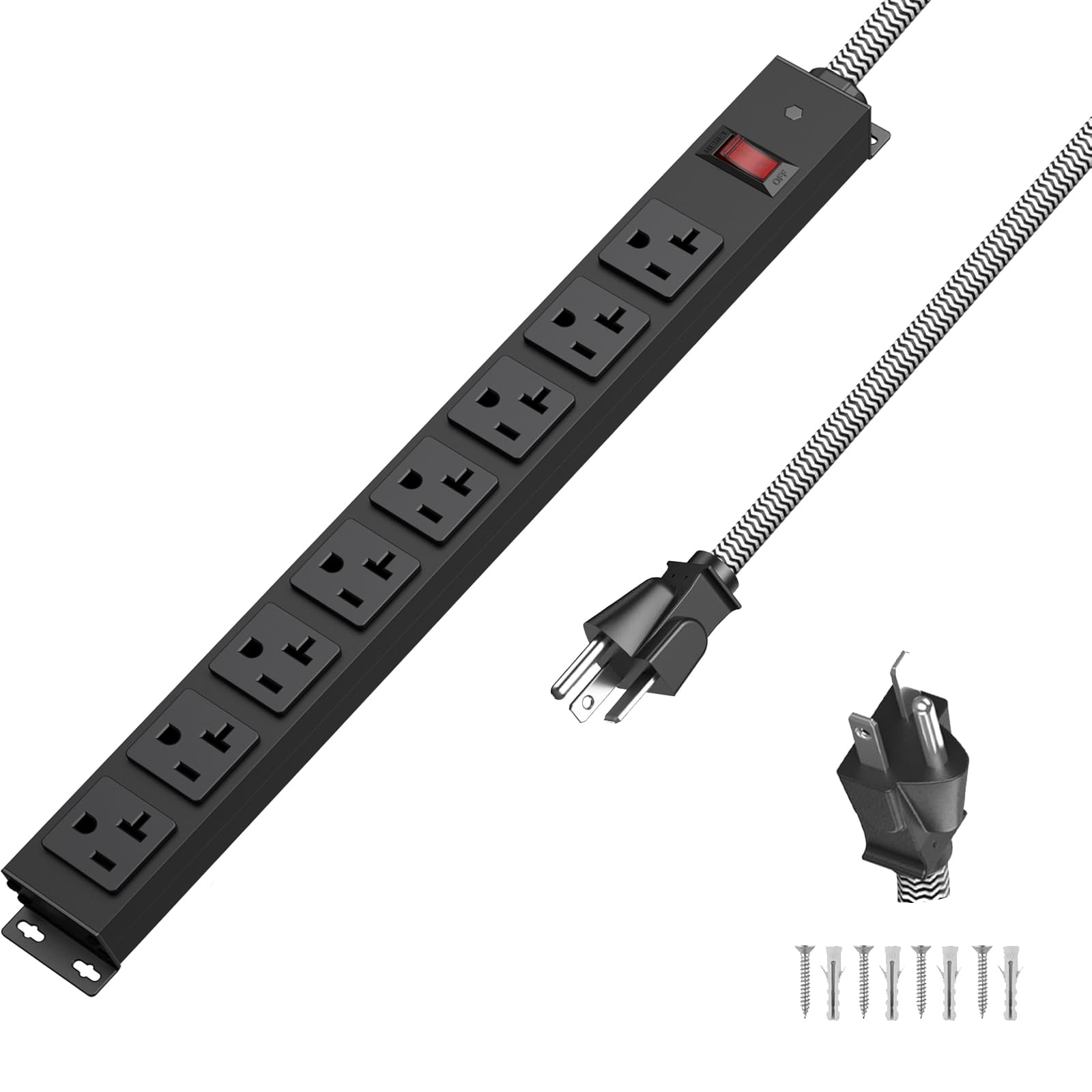 Photo 1 of 20 Amp Power Strip Heavy Duty, 12 Gauge Extension Cord for Appliance Workbench Garage Industrial, Metal 8 Outlets Combine with T-Plug Adapter 5-20R T-Slot, 1200J Surge Protector