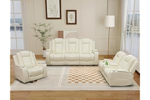 Anthato Power Recliner Sofa Set, Living Room Furniture Sets, Cream White Leather Reclining Sofa Set, Recliner Couch Loveseat and Chair with Storage/Cup Holders/Charging Port for Home Theater/Office