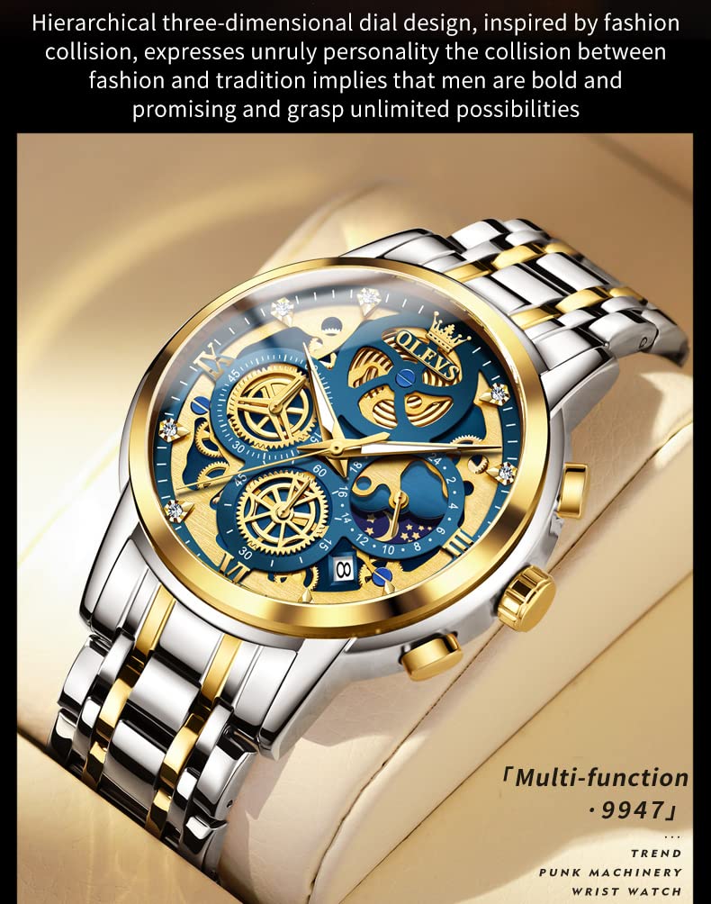 OLEVS Mens Watch Chronograph Luxury Diamond Dress Business Analog Quartz Wrist Watches Stainless Steel Waterproof Luminous
