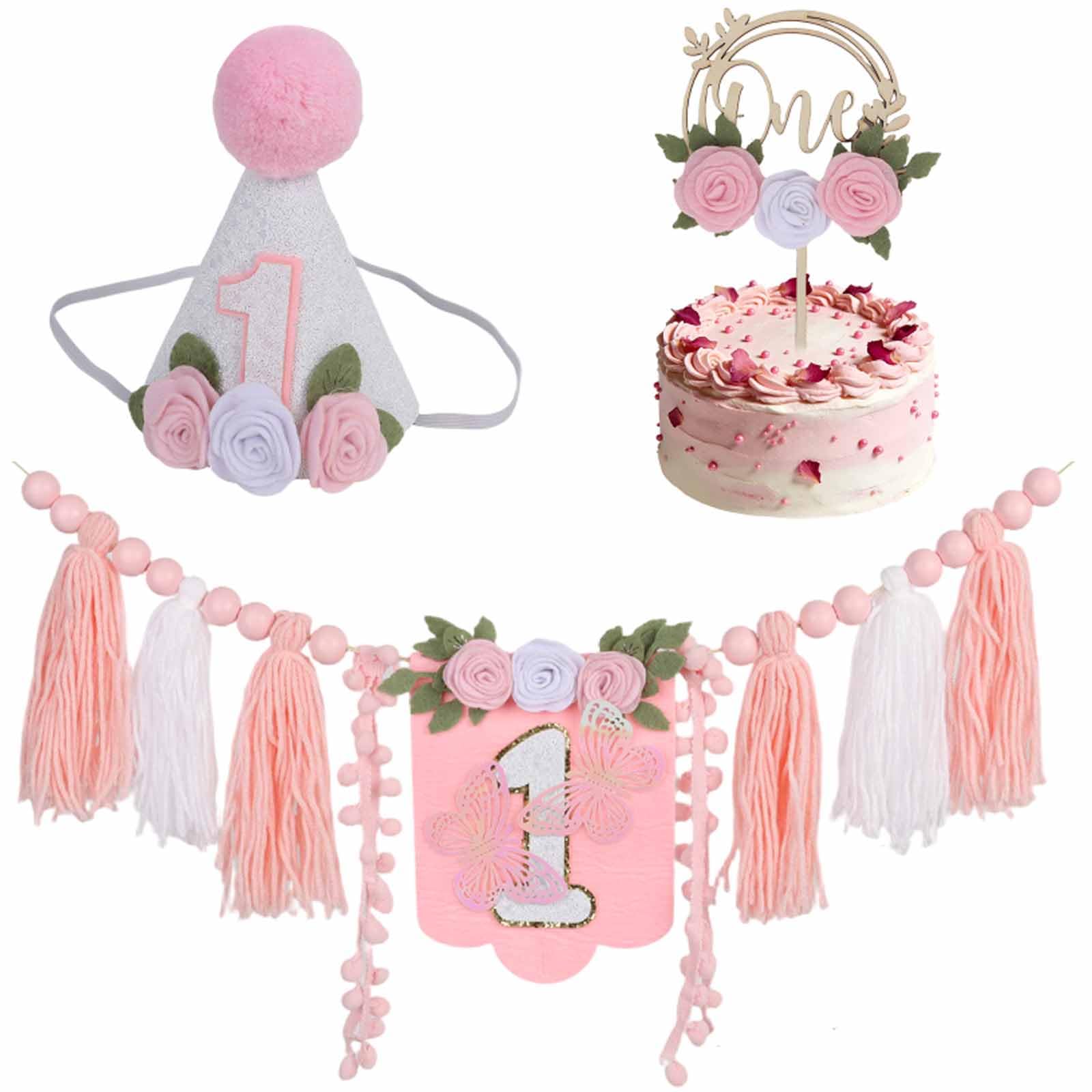 1th Birthday Decorations Highchiar Banner for Boys Girls - Pink 1th Hat With Cake Topper - 1th Birthday High Chiar Banner for Phote Backdrop Party Decor (Size10) — image 1