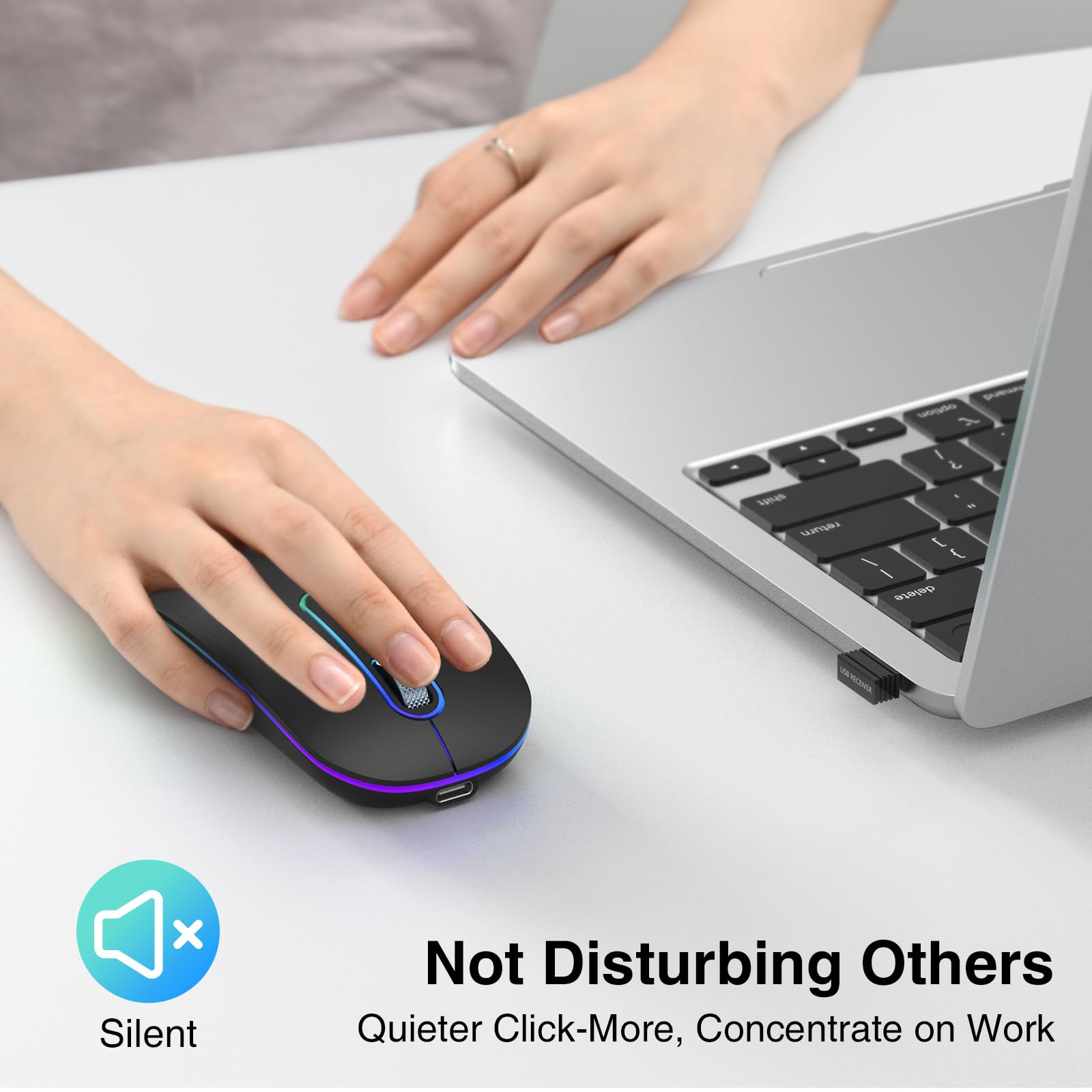 cimetech Bluetooth Maus kabellos (Bluetooth 5.1 + USB 2,4 GHz) LED Dual Mode- Wiederaufladbare Optische Office Funkmaus für Laptop MacBook Air Pro,iPad,Computer,Desktop, Mouse 4