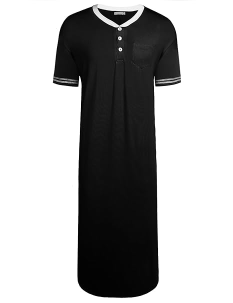 Nachthemd Herren Kurzarm Schlafanzug Knöpfleiste Pyjama Extra Lang Sleepshirt Nachtwäsche Herrennachthem Schwary M-XXXL mit S
