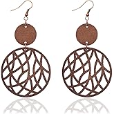 Bohemian Vintage Wooden Dangle Earrings for Women, Retro Geometric Round Earrings, Hollow Out Circle Boho Ethnic Earrings, Big Lightweight Boho Statement Earrings for Women