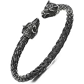 COOLSTEELANDBEYOND Mens Wolf Head Bracelet Steel Braided Cable Bangle Cuff Bracelet Polished, Adjustable