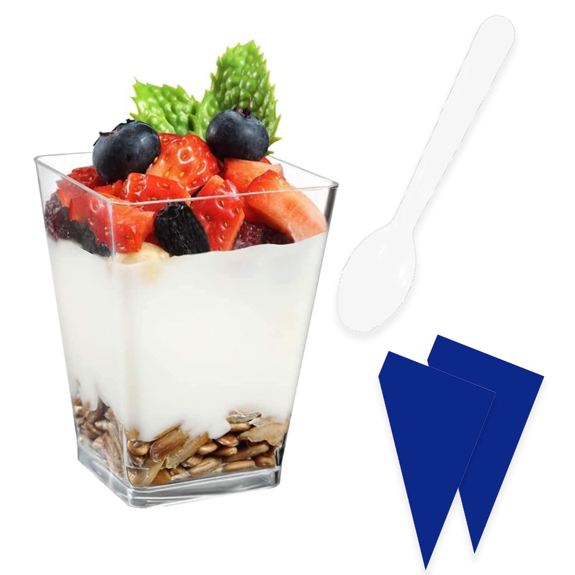 SABR 25 Dessert Cups + 25 Plastic Spoons + 2 XL Piping Bags (160ml/5.5oz) - Clear Reusable Appetiser Plastic Cups - Party Cheesecake pots Trifle Bowl Tableware Decor Wedding Dessert Pots…