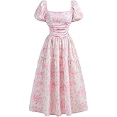 BEAUDRM Girl's Floral Ruffle Dress Ruched Short Puff Sleeve Square Neck Flowy Long Party Dresses