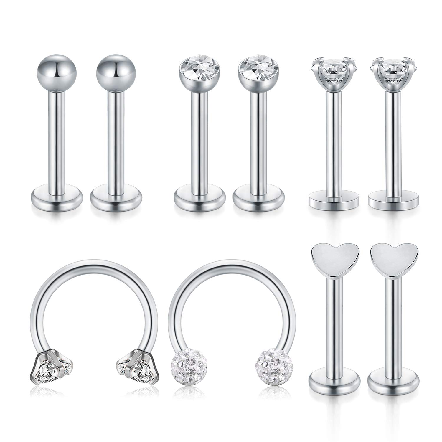 Mayhoop 10Pcs 16G Lip Bars Tragus Earring Helix Piercing Stainless Steel CZ Lip Labret Studs Monroe Medusa Piercing Silver Piercing Jewelry