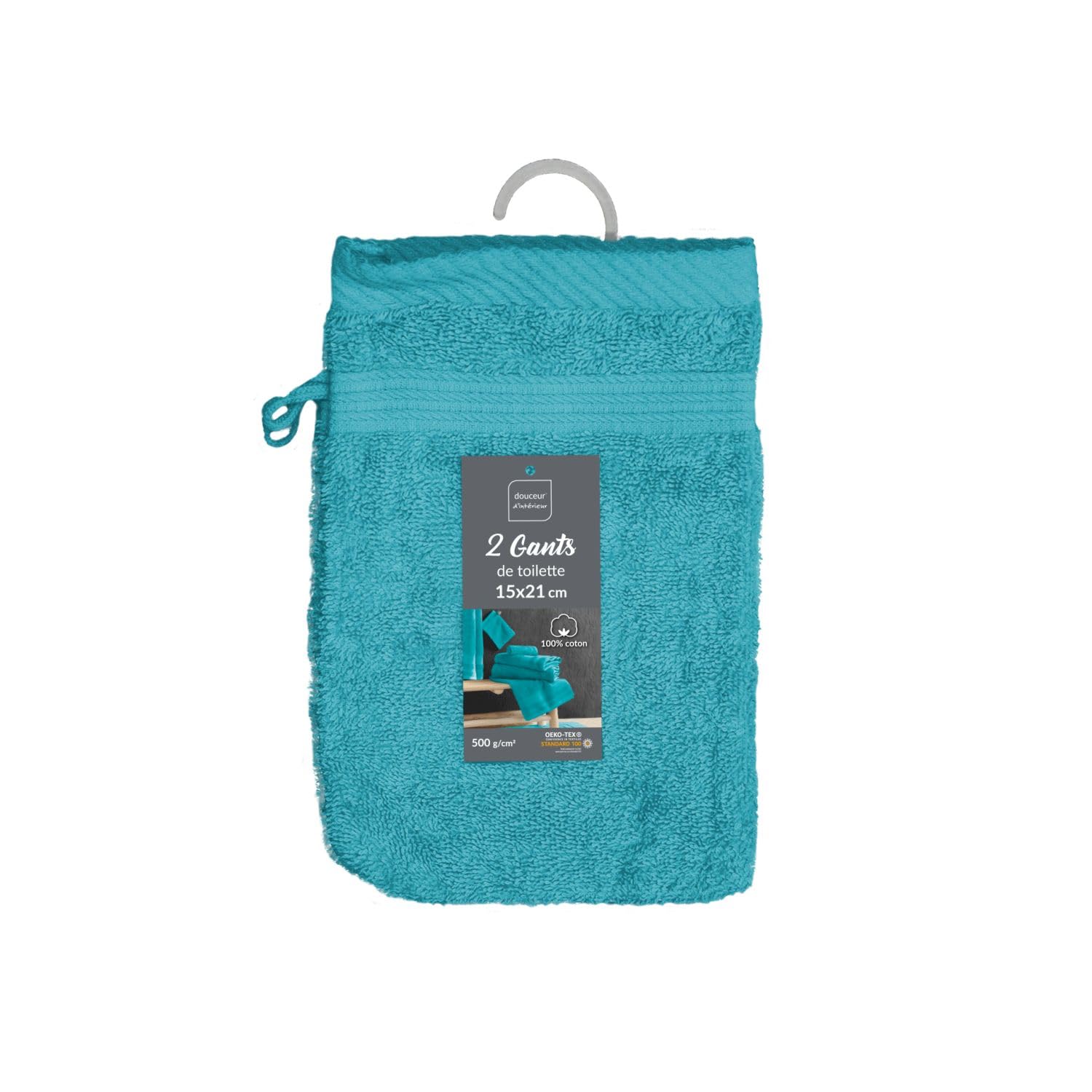 Douceur d'Intérieur, 2 Hand Towels (15 x 21 cm) Tenderness Peacock Blue, Plain Terry Cloth 100% Cotton