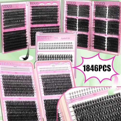YIDUO 1846Pcs Lash Clusters Kit with Spikes+Bottom Cluster Lashes Kit Mix Styles 10-18mm Volume D Curly Wispy Soft DIY Individual Eyelash Extension Kit with Glue pestañas postizas Wholesale Large Pack