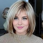 RENERSHOW Layered Blonde Bob Wigs for White Women with Bangs Straight Short Hair Wig Synthetic Ombre Blonde Highlight Bobo Haircuts 12inch Average Size Natural Daily Party Wig