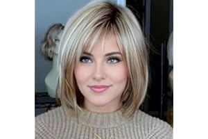 RENERSHOW Layered Blonde Bob Wigs for White Women with Bangs Straight Short Hair Wig Synthetic Ombre Blonde Highlight Bobo Haircuts 12inch Average Size Natural Daily Party Wig