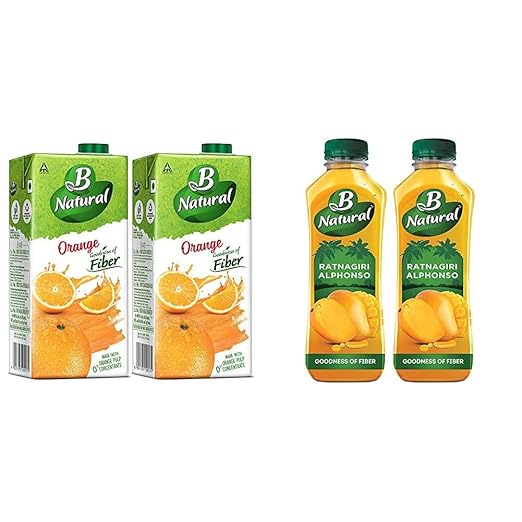 B Natural Orange Juice 1L, (Pack of 2) + B Natural Ratnagiri Alphonso 750ml (Pack of 2)