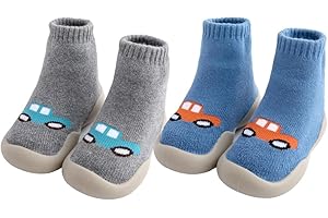 FABRST 2 Pairs Baby Sock Shoes Toddler Infant Non Slip Soft Rubber Sole Slippers First Walking Shoes for Baby Boys Girls