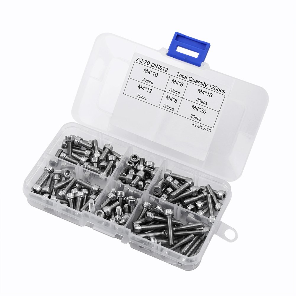 120-Piece Assorted 304 Stainless Steel M4 Hex Socket Head Cap Screws Set - Various Sizes (6mm, 8mm, 10mm, 12mm, 16mm, 20mm) with Durable Storage Box