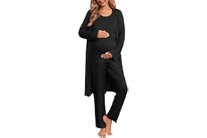 Ekouaer Maternity Nursing Robe Set 3 PCS Postpartum Breastfeeding Pajamas 3 in 1 Labor Delivery Hospital Pregnancy Pjs Black 