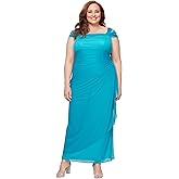 Alex Evenings Womens Plus Size Long Cold Shoulder Dress with Ruched Skirt, Wedding Guest, Prom, Formal Event
