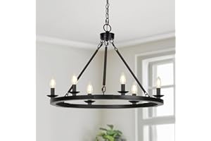 SEASIDE VILLAGE Black Farmhouse Chandelier, 6-Light Wagon Wheel Chandelier with Adjustable Height, Dining Room Light Fixture, Hanging Lights for Kitchen Island, Living Room, Bedroom, Entryway, E12 Base