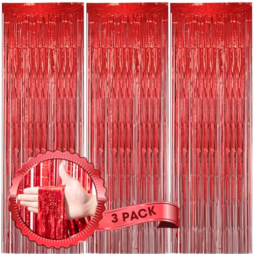 Voircoloria Laser Red Foil Fringe Backdrop Curtain