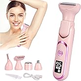 Bikini Trimmer for Women, 5 in 1 Rechargeable Electric Razors Waterproof Wet/Dry Use Body Hair Trimmer for Women & Men Pubic Hair, Private Area, Legs, Face, Nose, Eyebrow, Body (Pink)