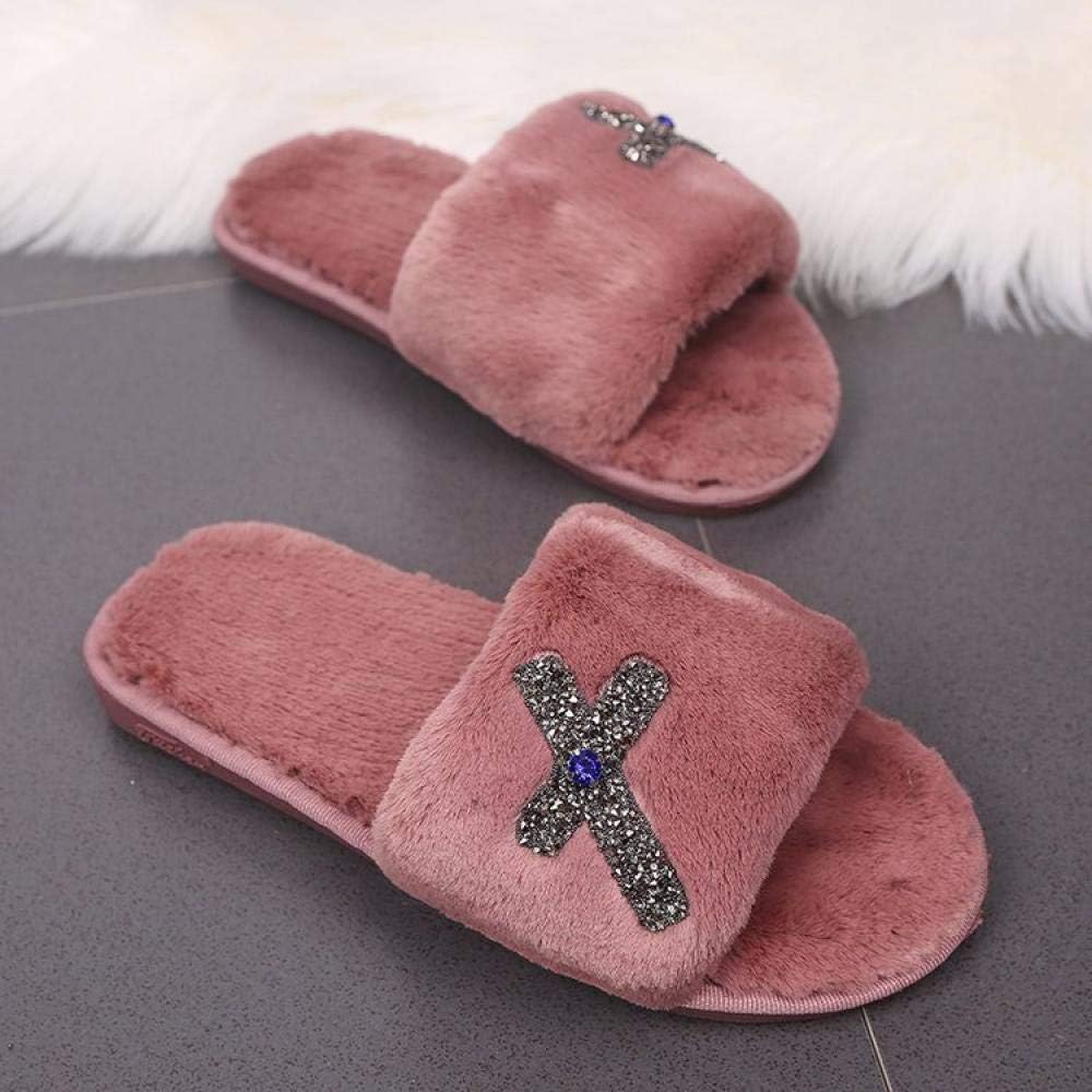 Pantoufles Femmes Coton Slippers,Automne Hiver Au Chaud Vintage Rose Simple Peluche Bow Rhinestone Confortable D'Ouverture Intérieure En Peluche Antidérapant À Fond Épais Fond Mou Mute Accueil Chausso