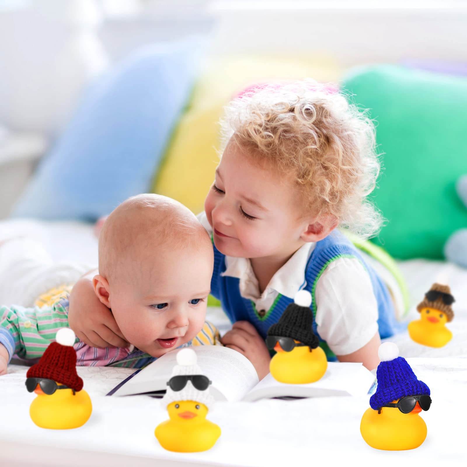 Chivao 12 Pcs Mini Rubber Ducks with Sunglasses/ Glasses and Hats/ Necklace, Cruise Rubber Ducks in Bulk Valentine Gift Small Bathtub Toy for Hiding Party Favor(Cute Style,Yellow)