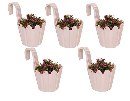 OSHIGREENS Plastic Hanging Planter for Indoor Or Outdoor Plants Hanging Flower Pot for Garden, Balcony - Pack of 5 (White, Standard)