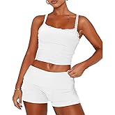 RUEWEY Womens Lace Trim Pajama Sets Sleeveless Crop Top and Fold Over Shorts 2 Piece Lounge Set PJ Set Tracksuit Outfits