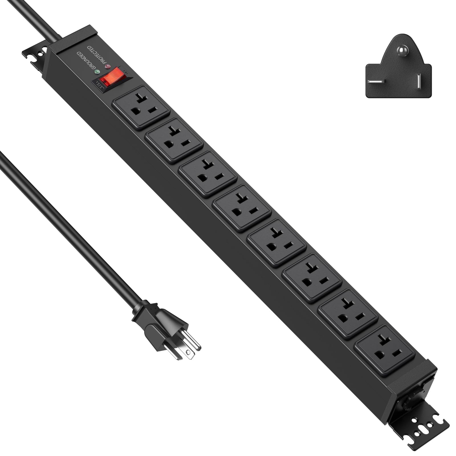 Photo 1 of JUNNUJ 20 Amp Power Strip Surge Protector 4800J, Heavy Duty 8 Outlet Metal Multi Angle Mount, 20A Garage Power Strip Shop 6-20R T-Slot, 5-20P Plug 12 Gauge Extension Cord 10ft for Appliance