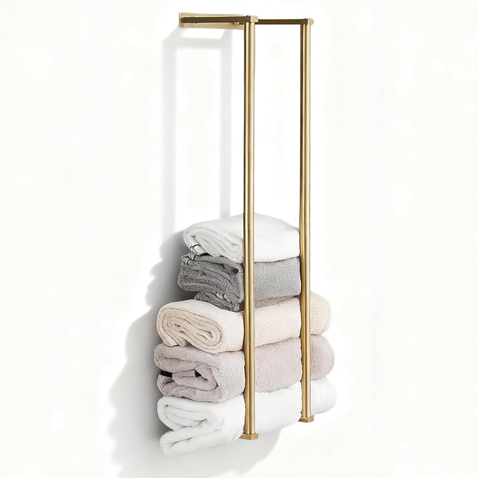 Towel Racks for Bathroom, NEWRAIN Rolled Towel Storage Wall Mounted Bath Towel Holder for Folded Large Towel Washcloths, Bathroom Organizing Brushed Gold