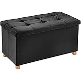 30 Inches Folding Storage Ottoman Bench, Velvet Storage Chest, Footrest Couch with Wooden Legs, Support 350lbs for Bedroom, L
