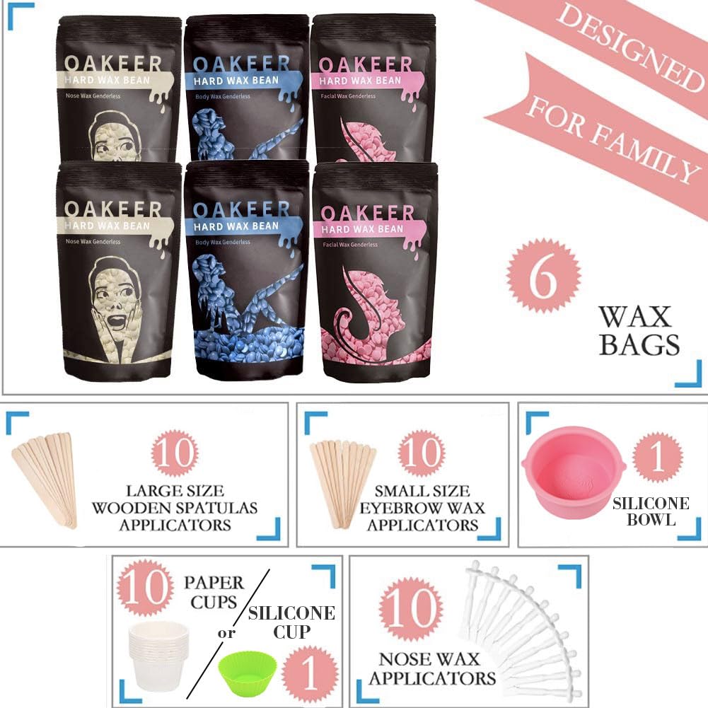 Oakeer Waxing Kit for Women Men, Wax Pot Machine, Wax Warmer for Hair Removal At Home With 6 Bags Beans, Body Waxing For Eyebrows Nose Cheeks Arms Bikinis Legs